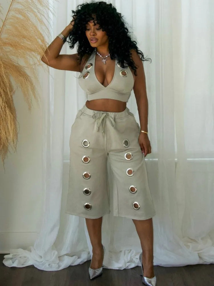 Ensemble 2 Pièces Femme en Lin — Crop Top Halter & Bermuda Œillets