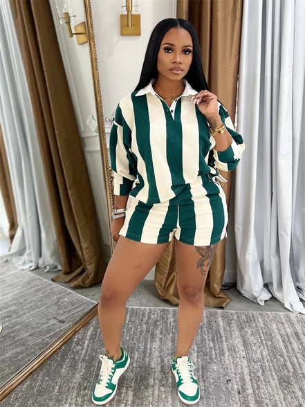 Ensemble Deux Pièces "Urban Stripe" – Haut Style Polo & Short Assorti à Rayures Graphiques