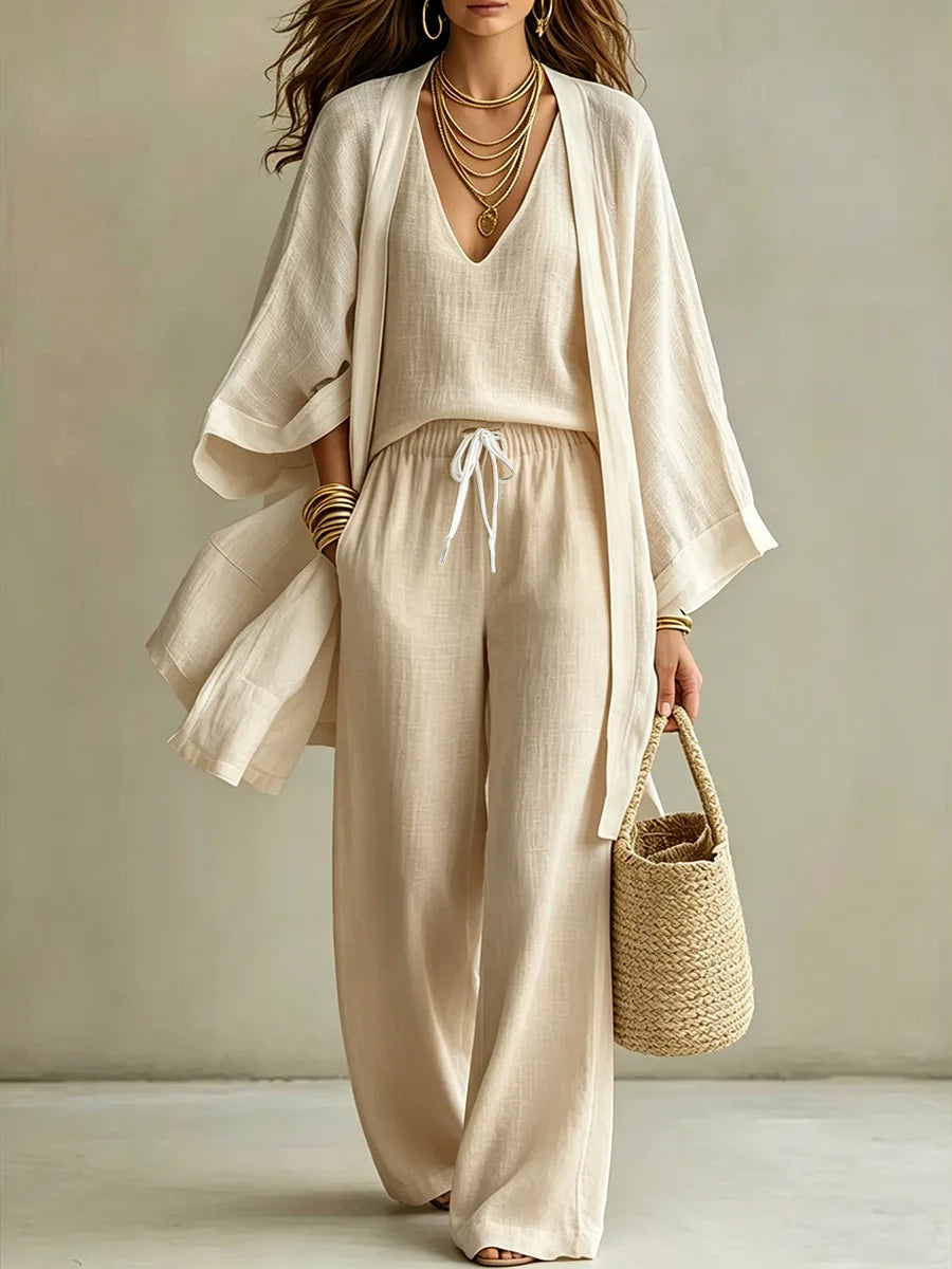 Ensemble 3 Pièces Femme — Kimono, Top & Pantalon Large Fluide