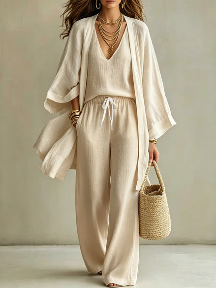 Ensemble 3 Pièces Femme — Kimono, Top & Pantalon Large Fluide