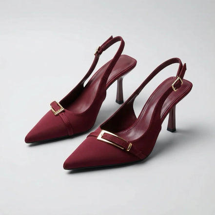 Escarpins Slingbacks Pointus – Bordeaux Satiné & Boucle Dorée