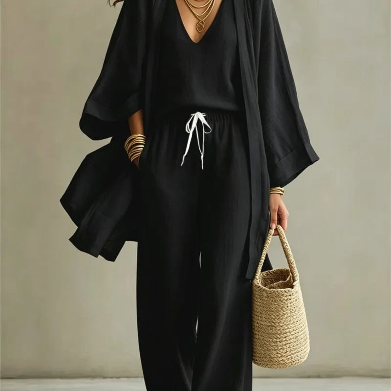 Ensemble 3 Pièces Femme — Kimono, Top & Pantalon Large Fluide