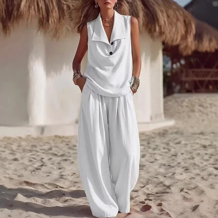 Ensemble Deux Pièces "Sable Blanc" – Haut sans Manches à Col Cascade & Pantalon Large Fluide