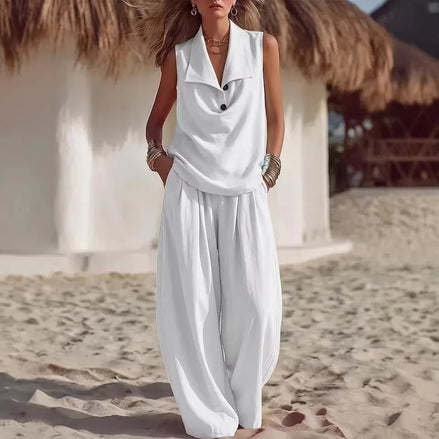 Ensemble Deux Pièces "Sable Blanc" – Haut sans Manches à Col Cascade & Pantalon Large Fluide
