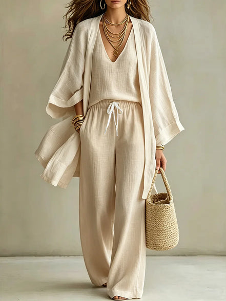 Ensemble 3 Pièces Femme — Kimono, Top & Pantalon Large Fluide