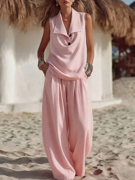 Ensemble Deux Pièces "Sable Blanc" – Haut sans Manches à Col Cascade & Pantalon Large Fluide