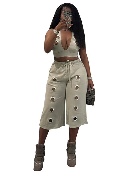 Ensemble 2 Pièces Femme en Lin — Crop Top Halter & Bermuda Œillets