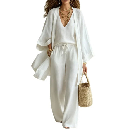 Ensemble 3 Pièces Femme — Kimono, Top & Pantalon Large Fluide