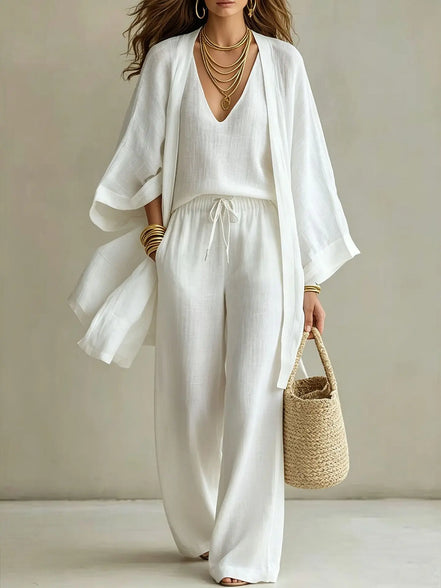 Ensemble 3 Pièces Femme — Kimono, Top & Pantalon Large Fluide