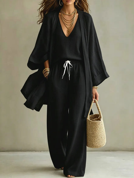 Ensemble 3 Pièces Femme — Kimono, Top & Pantalon Large Fluide