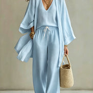 Ensemble 3 Pièces Femme — Kimono, Top & Pantalon Large Fluide