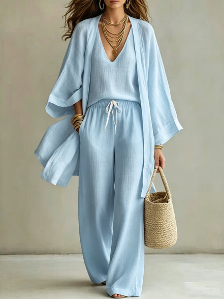 Ensemble 3 Pièces Femme — Kimono, Top & Pantalon Large Fluide