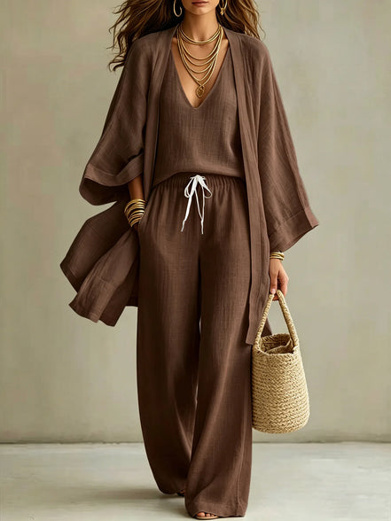 Ensemble 3 Pièces Femme — Kimono, Top & Pantalon Large Fluide