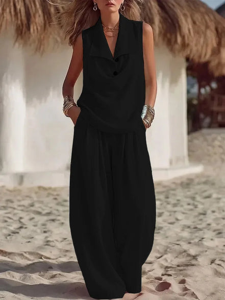 Ensemble Deux Pièces "Sable Blanc" – Haut sans Manches à Col Cascade & Pantalon Large Fluide