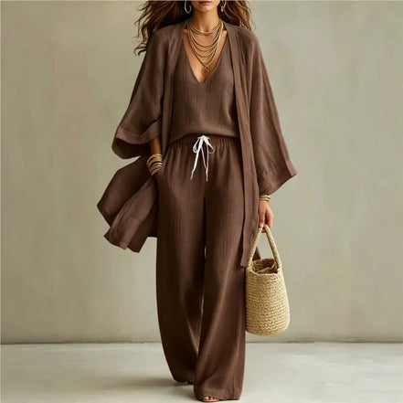 Ensemble 3 Pièces Femme — Kimono, Top & Pantalon Large Fluide