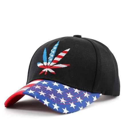 AKJ Fashion black baseball cap with adjustable strap, featuring an embroidered cannabis leaf in US flag colors and a brim with a US flag star pattern.