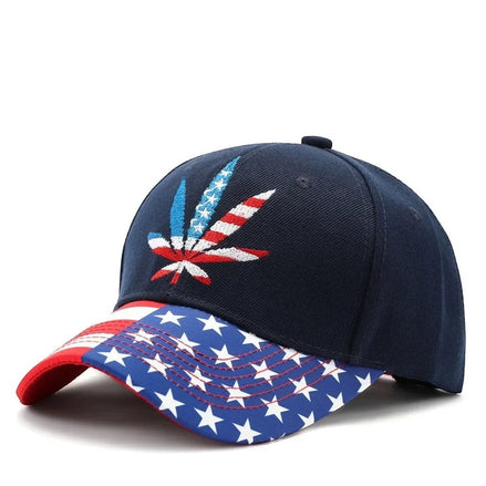 AKJ Fashion navy blue polyester baseball cap with adjustable strap, featuring a cannabis leaf with American flag design and stars on the brim.