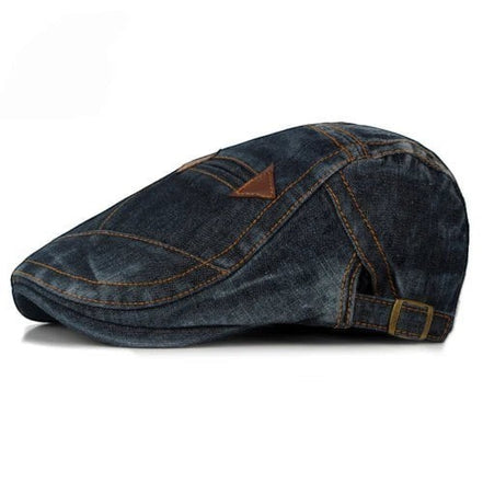 AKJ Fashion béret unisexe en jean bleu délavé, style parisien, avec détails en cuir et boucle réglable.
