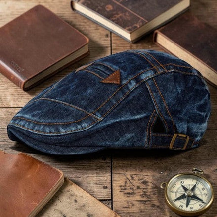 AKJ Fashion béret unisexe en jean bleu délavé, style parisien, avec détails coutures et boucle réglable.