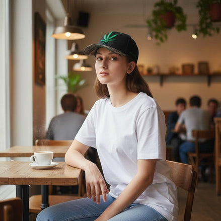 AKJ Fashion black baseball cap with green cannabis leaf embroidery and camouflage brim, worn by a woman in a cafe.
