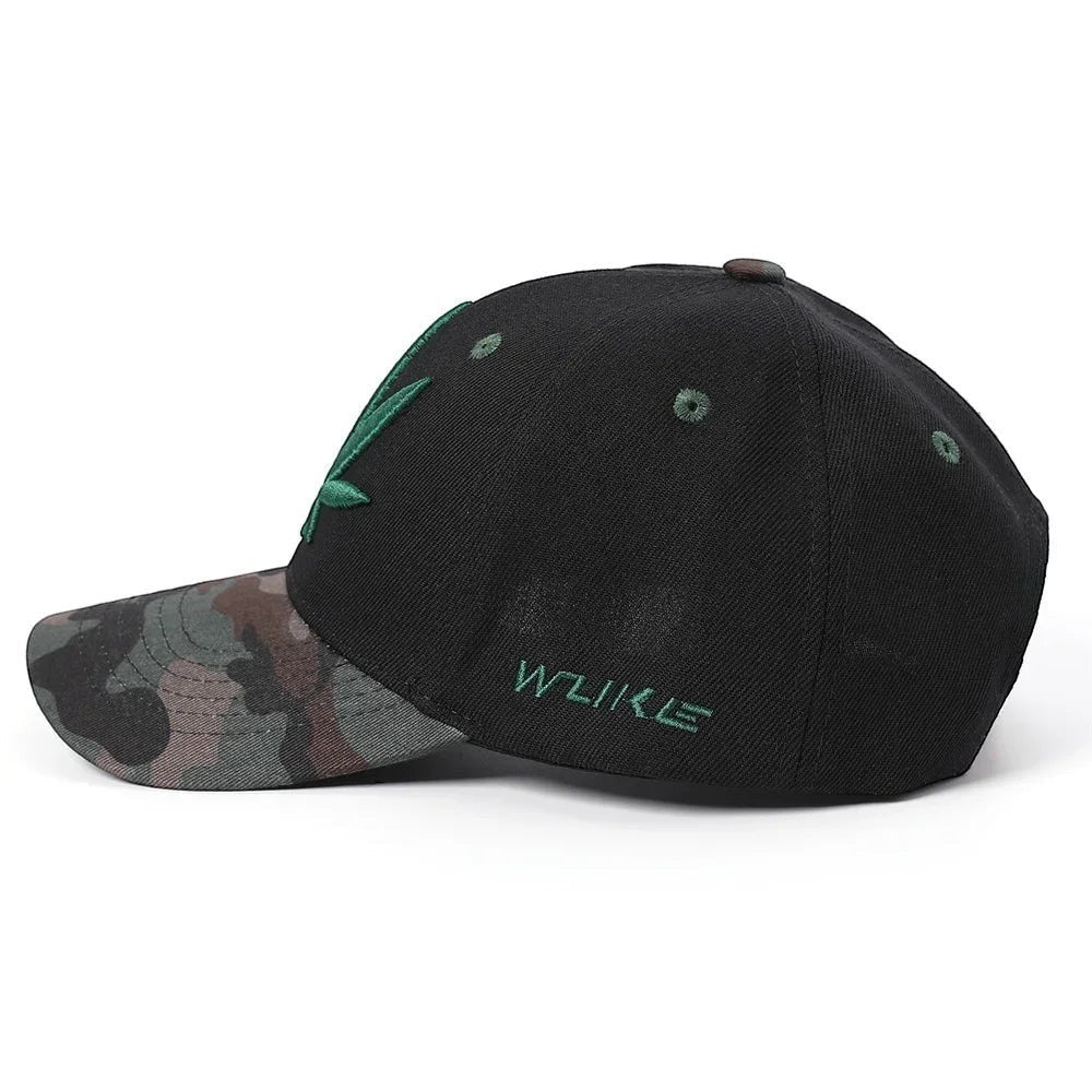 AKJ Fashion black baseball cap with green leaf embroidery and camouflage brim, adjustable strap, unisex design.