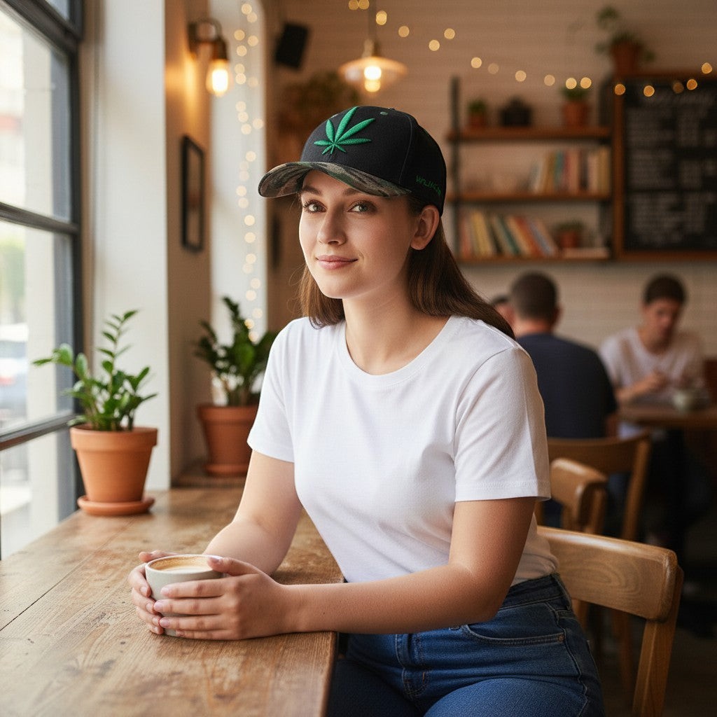 AKJ Fashion black baseball cap with green cannabis leaf embroidery and camouflage brim, adjustable strap, unisex design.