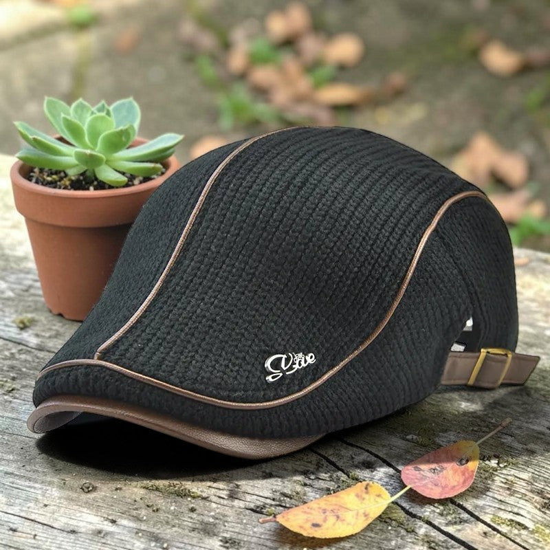 AKJ Fashion men's black knit flat cap with faux leather trim and adjustable strap. Vintage design.
