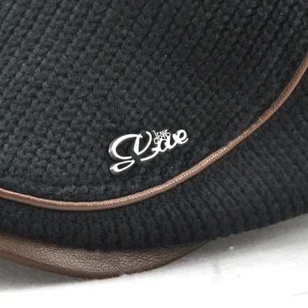 AKJ Fashion black knitted beret with leather trim and silver logo detail