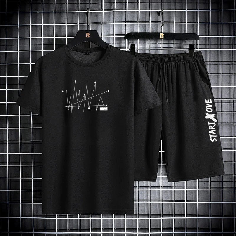 AKJ Fashion black 2-piece men's quick-dry sport set with graphic print t-shirt and shorts.