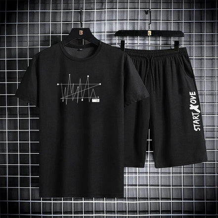 AKJ Fashion black 2-piece men's quick-dry sport set with graphic print t-shirt and shorts.