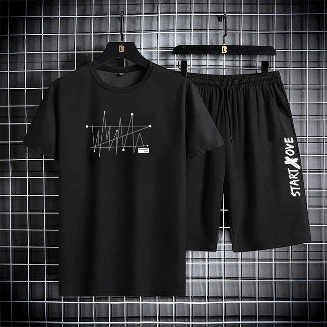 AKJ Fashion black 2-piece men's quick-dry sport set with graphic print t-shirt and shorts.