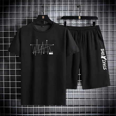 AKJ Fashion black 2-piece men's quick-dry sport set with graphic print t-shirt and shorts.