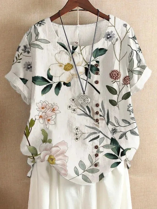 AKJ Fashion blouse blanche à imprimé floral violet et vert, effet lin, boutonnage décalé, manches courtes