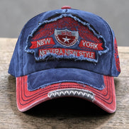 AKJ Fashion blue and red distressed cotton denim baseball cap with New York embroidery and adjustable strap.