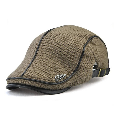 AKJ Fashion men's brown knit flat cap with faux leather trim and "Love" emblem. Adjustable strap at back.