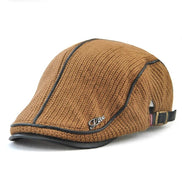 AKJ Fashion brown knit flat cap with faux leather trim and 