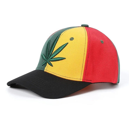 AKJ Fashion unisex baseball cap with adjustable strap, featuring a cannabis leaf embroidery on a red, yellow, and green panel design.