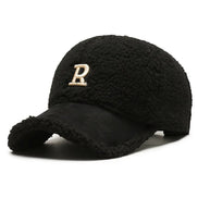 AKJ Fashion Casquette baseball noire en sherpa avec broderie lettre R dorée, ajustable, style vintage.