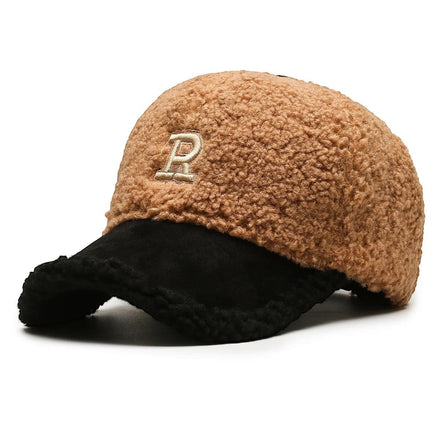 Casquette AKJ Fashion en sherpa marron et daim noir, avec broderie lettre P, ajustable