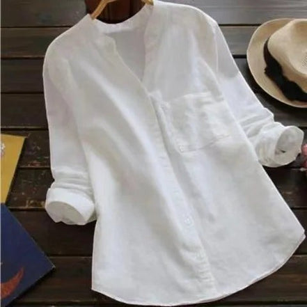 AKJ Fashion chemise blanche effet lin col mao, manches longues retroussables, poche poitrine, coupe droite.