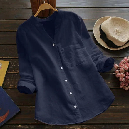 AKJ Fashion Chemise bleu marine effet lin, col mao, manches longues retroussables, poche poitrine. Parfaite pour l'été.