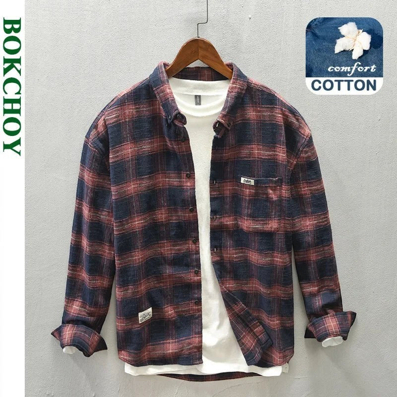 AKJ Fashion Chemise à carreaux bleu marine et écru en coton brossé, coupe décontractée, col classique, poche poitrine.