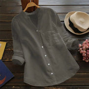 AKJ Fashion Chemise col mao grise effet lin, manches longues retroussables, poche poitrine, boutonnée.