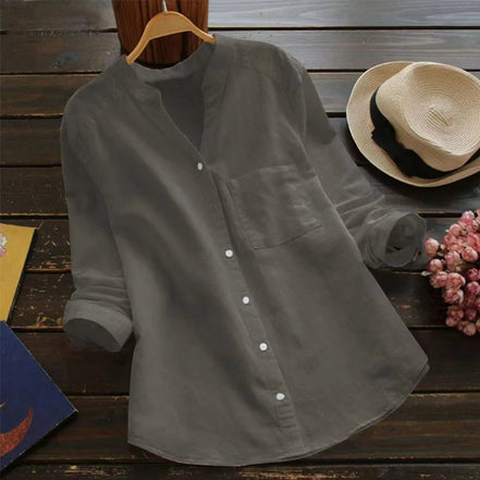 AKJ Fashion Chemise col mao grise effet lin, manches longues retroussables, poche poitrine, boutonnée.