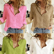 AKJ Fashion Chemise col mao effet lin, manches longues retroussables, disponible en rose, beige, vert et blanc.