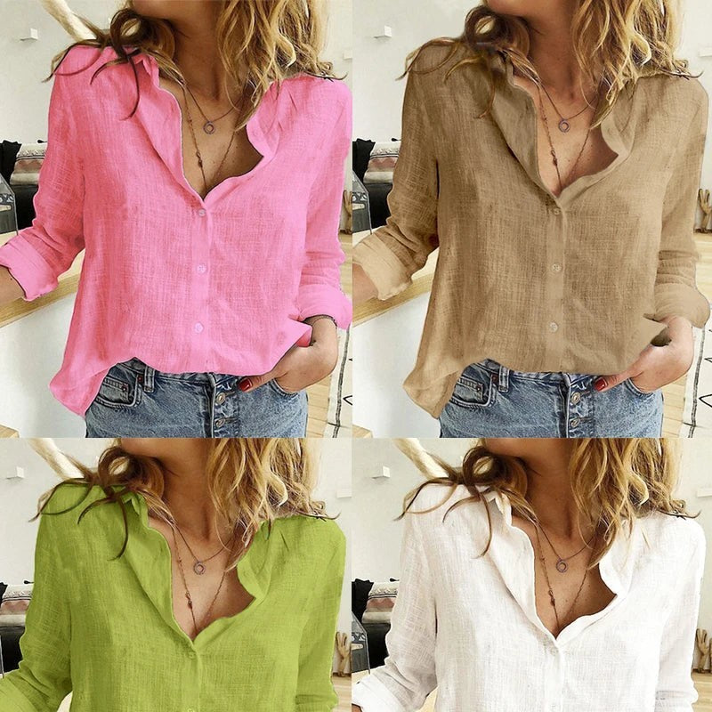 AKJ Fashion Chemise col mao effet lin, manches longues retroussables, disponible en rose, beige, vert et blanc.