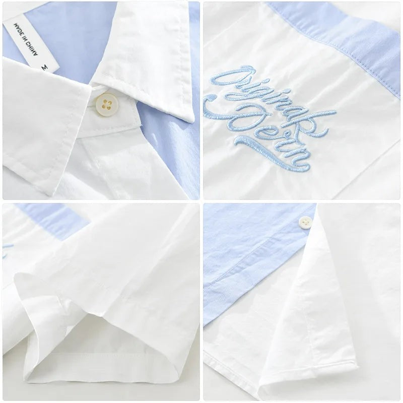 Chemise AKJ Fashion homme manches courtes, color-block blanc et bleu ciel, avec poche poitrine brodée 