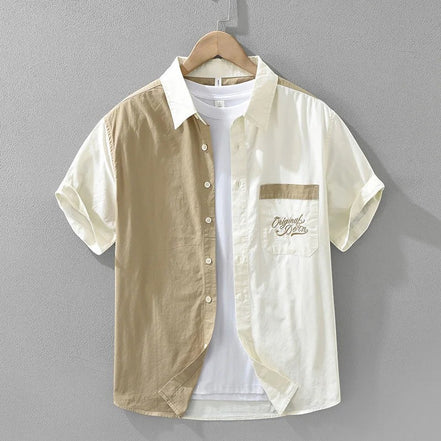 Chemise AKJ Fashion homme color-block écru et sable, manches courtes, poche poitrine brodée "Originals".