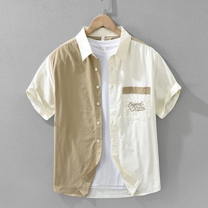 Chemise AKJ Fashion homme manches courtes color-block écru et sable, poche poitrine brodée 
