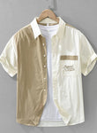 Chemise AKJ Fashion homme manches courtes color-block écru et sable, poche poitrine brodée "Originals"